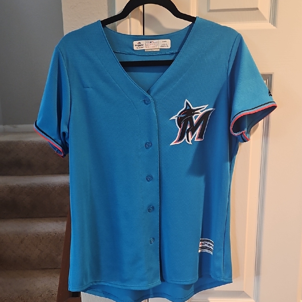 Majestic Blue Miami Marlins Women's Teal MLB Baseball Jersey L Large
